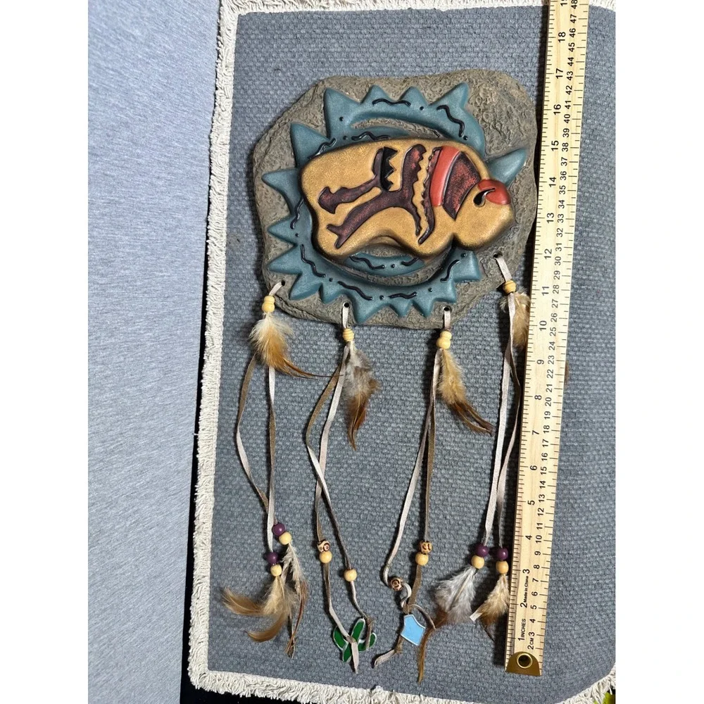 Southwestern Buffalo Bear Wall Art Set Resin Petroglyph Plaques Feathers Beads